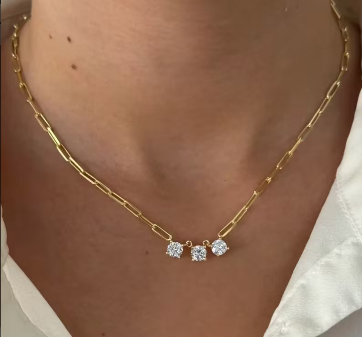 Triple Stones Paperclip Necklace