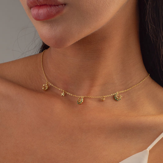 Dangling Emerald Moon Choker