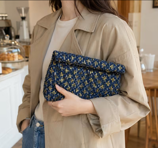 Sequined Denim Clutch